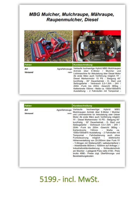 Produktbeschreibung eines Rasenmähers mit technischen Details und Preisangabe.